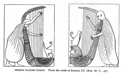 Two priests playing harps
